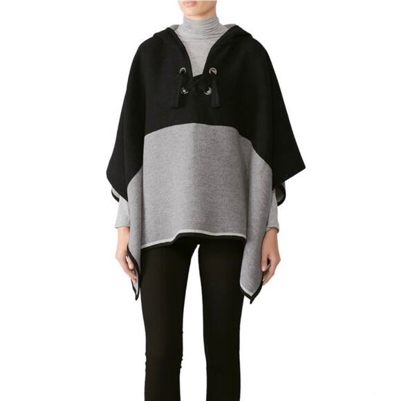 BA&SH Lady Cape Colorblock Poncho Black & Grey Lace Up Neckline Wool Blend-OS - Picture 1 of 9